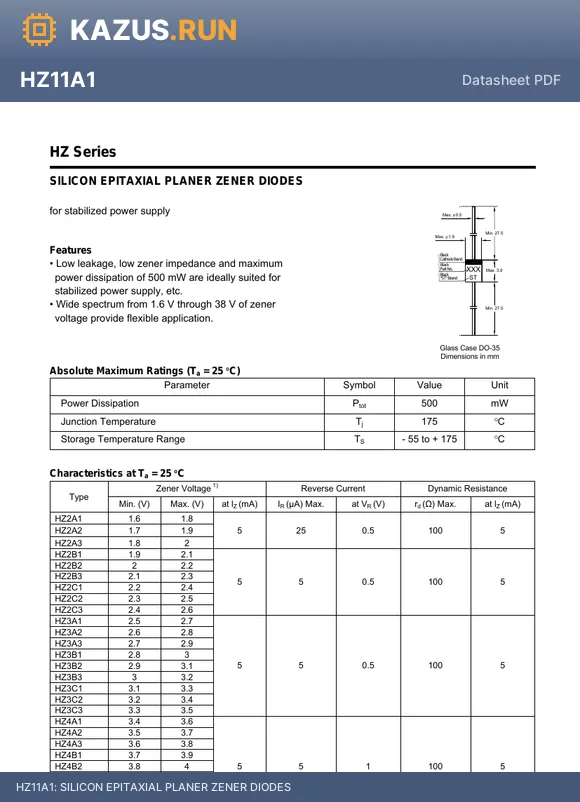 HZ20-3 datasheet - SILICON EPITAXIAL PLANER ZENER DIODES