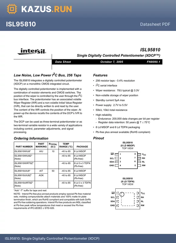 ISL95810UIU8 datasheet - Single Digitally Controlled Potentiometer (XDCP)