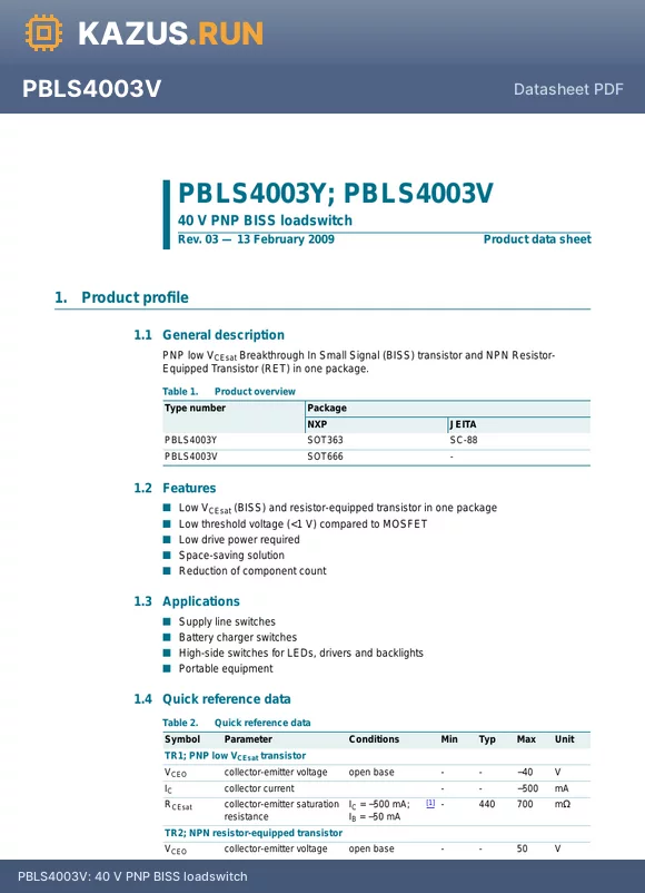 PBLS4003V datasheet - 40 V PNP BISS loadswitch