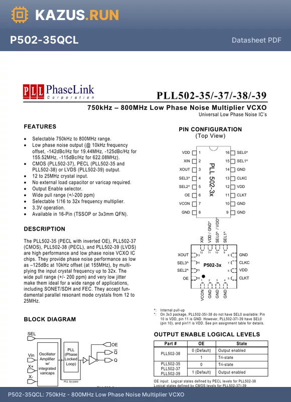 PLL502-39QCL-R datasheet - 750kHz - 800MHz Low Phase Noise Multiplier VCXO