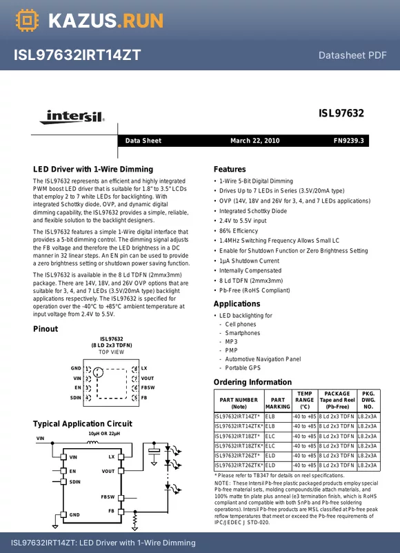 ISL97632IRT18ZT datasheet - LED Driver with 1-Wire Dimming