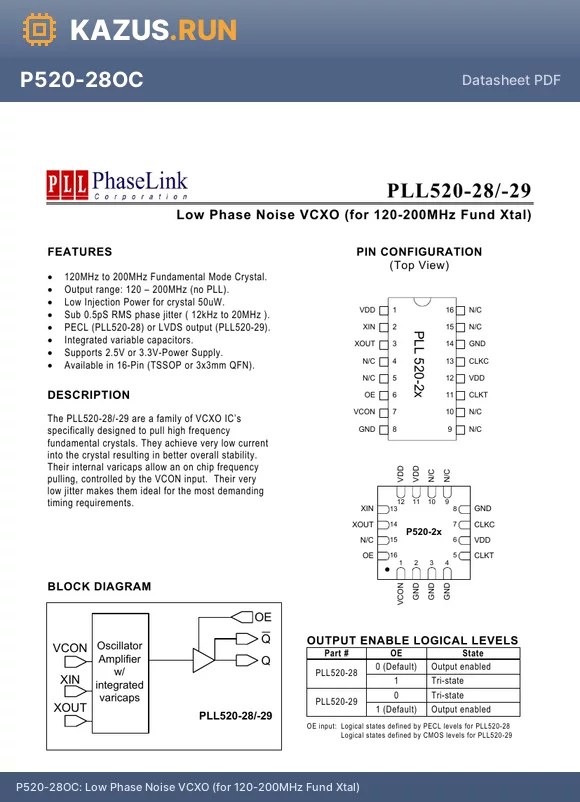 PLL520-29OC-R datasheet - Low Phase Noise VCXO (for 120-200MHz Fund Xtal)