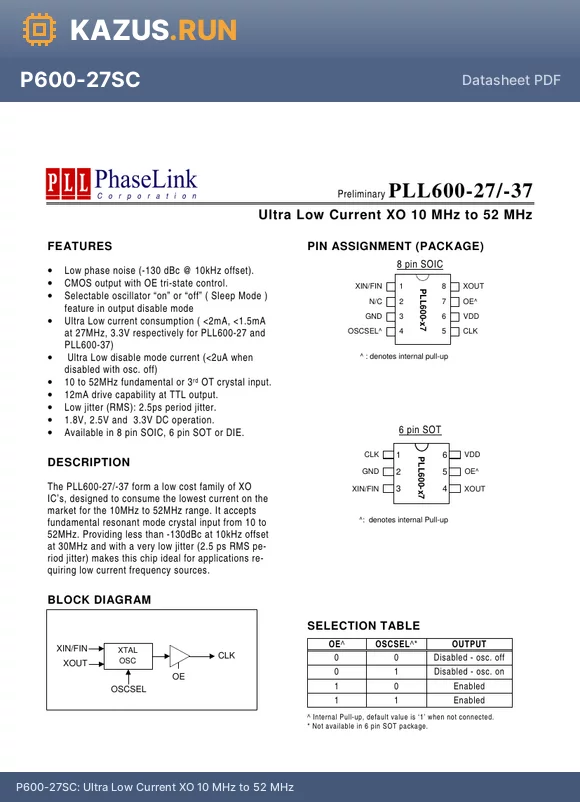 PLL600-37SC-R datasheet - Ultra Low Current XO 10 MHz to 52 MHz