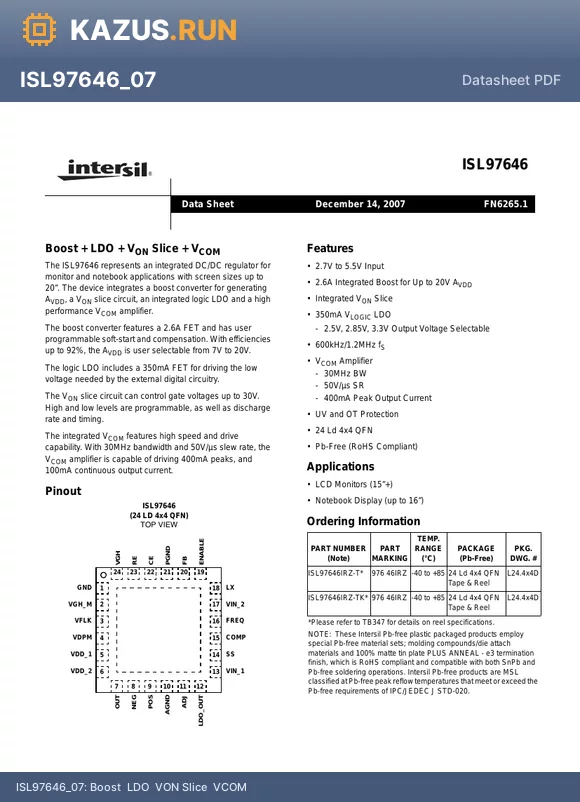 ISL97646_07 datasheet - Boost  LDO  VON Slice  VCOM