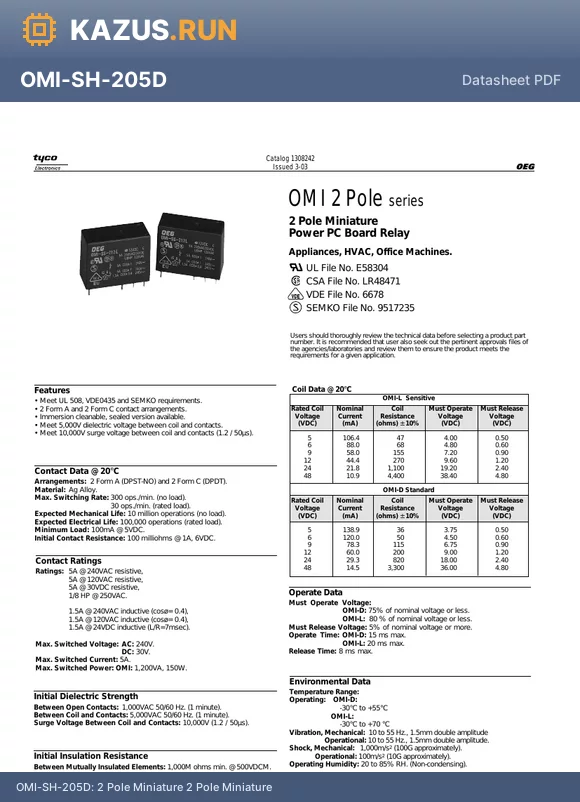 OMISH205LM500 datasheet - 2 Pole Miniature 2 Pole Miniature