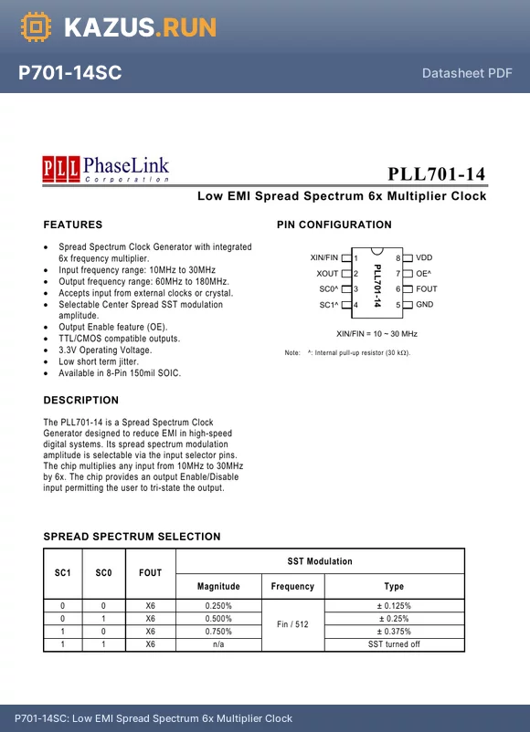 PLL701-14SC-R datasheet - Low EMI Spread Spectrum 6x Multiplier Clock