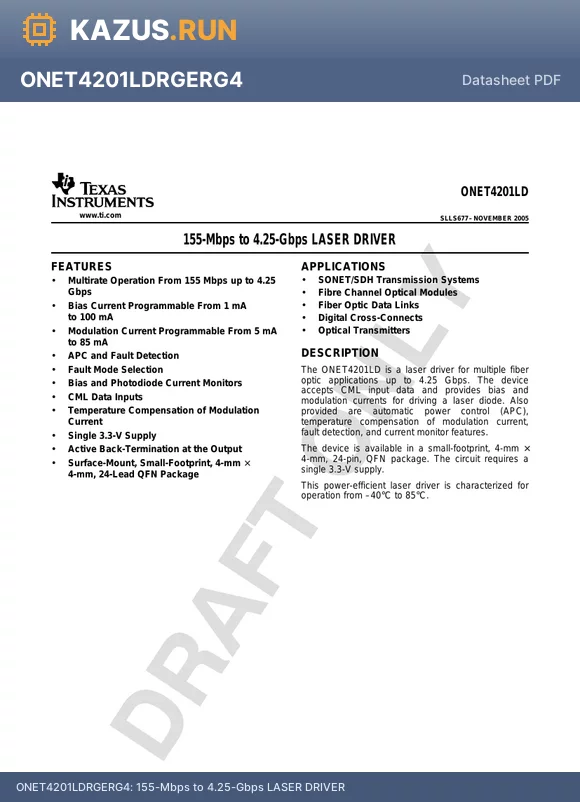 ONET4201LDRGET datasheet - 155-Mbps to 4.25-Gbps LASER DRIVER
