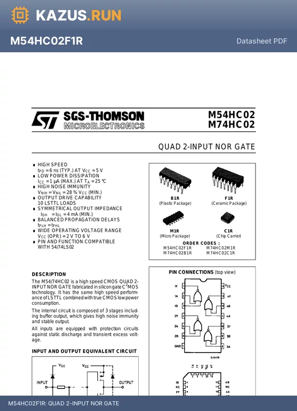 M74HC02M1R datasheet - QUAD 2-INPUT NOR GATE