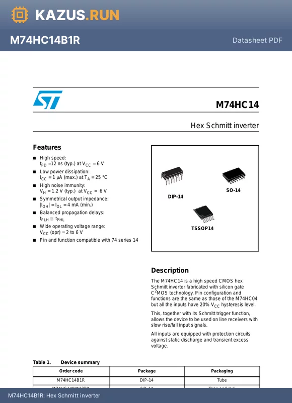 M74HC14TTR datasheet - Hex Schmitt inverter