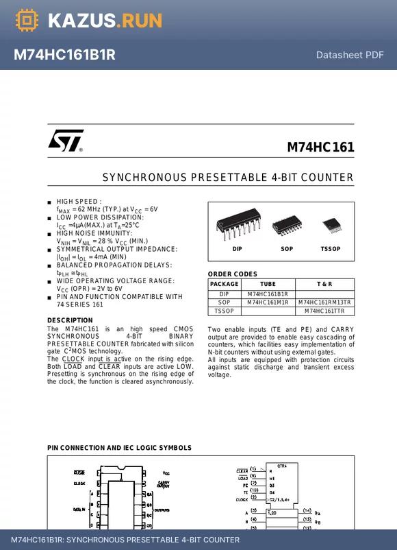 M74HC161 datasheet - SYNCHRONOUS PRESETTABLE 4-BIT COUNTER