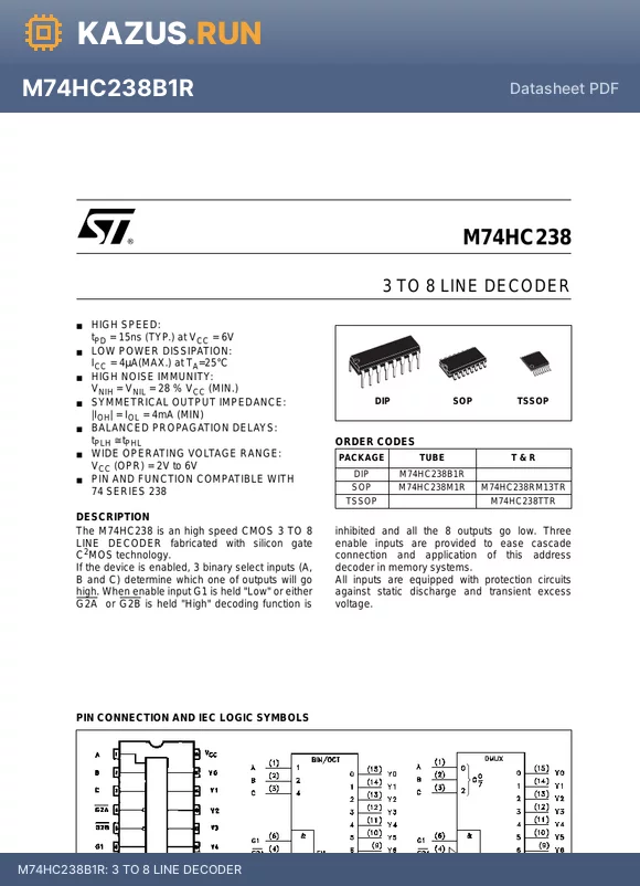 M74HC238 datasheet - 3 TO 8 LINE DECODER