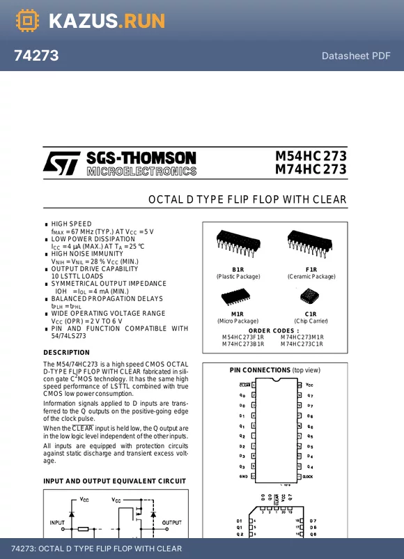 M74HC273 datasheet - OCTAL D TYPE FLIP FLOP WITH CLEAR
