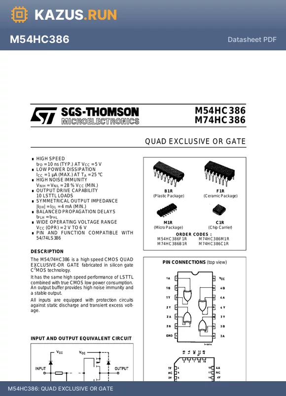 M74HC386 datasheet - QUAD EXCLUSIVE OR GATE