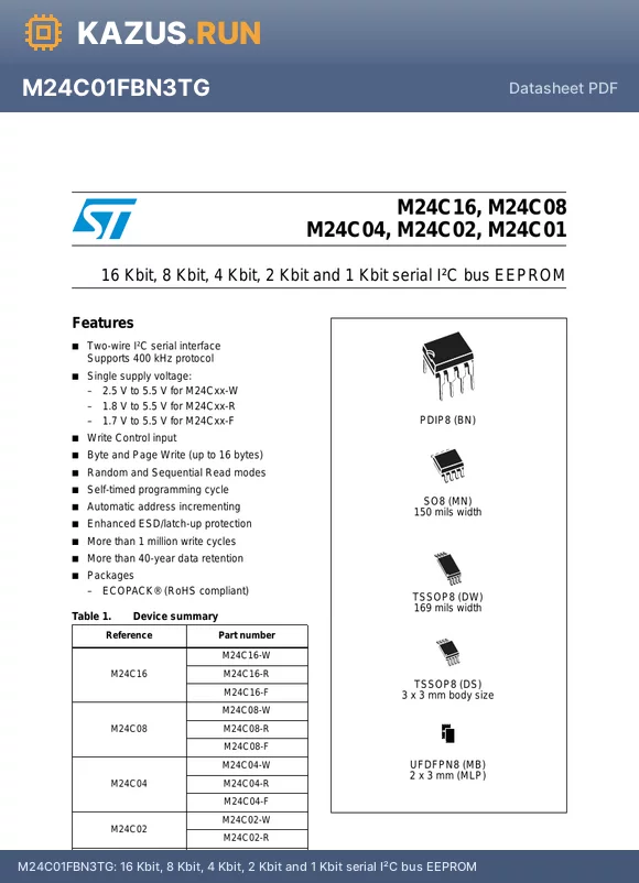 M24C16WDS3TG datasheet - 16 Kbit, 8 Kbit, 4 Kbit, 2 Kbit and 1 Kbit serial IbC bus EEPROM