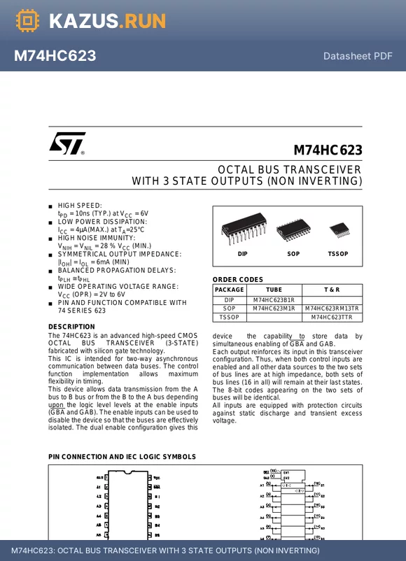 M74HC623 datasheet - OCTAL BUS TRANSCEIVER WITH 3 STATE OUTPUTS (NON INVERTING)