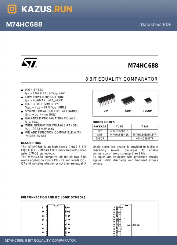 M74HC688 datasheet - 8 BIT EQUALITY COMPARATOR