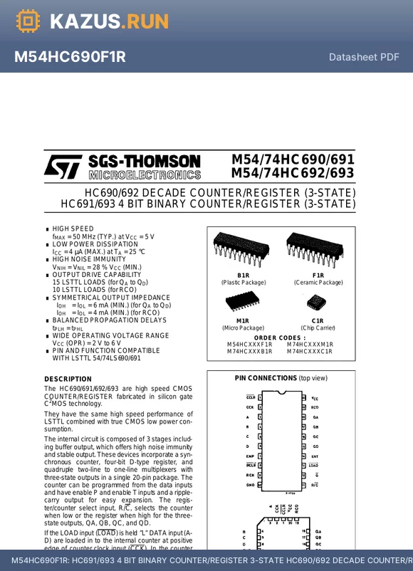 M74HC692M1R datasheet - HC691/693 4 BIT BINARY COUNTER/REGISTER 3-STATE HC690/692 DECADE COUNTER/REGISTER 3-STATE