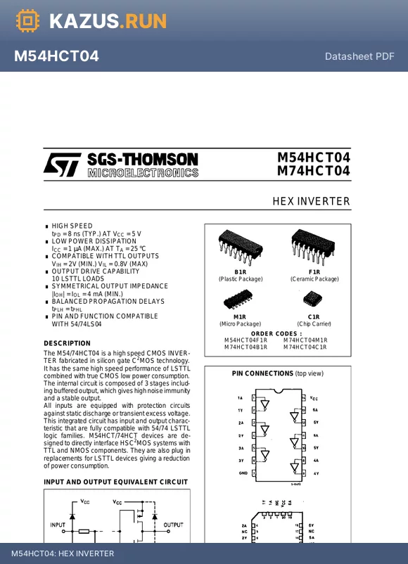 M74HCT04 datasheet - HEX INVERTER