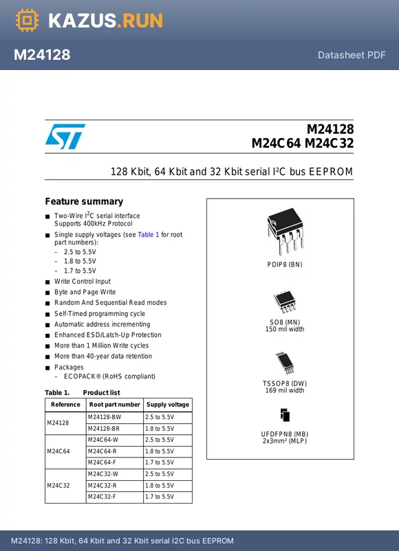M24C64-RMB6/B datasheet - 128 Kbit, 64 Kbit and 32 Kbit serial I2C bus EEPROM