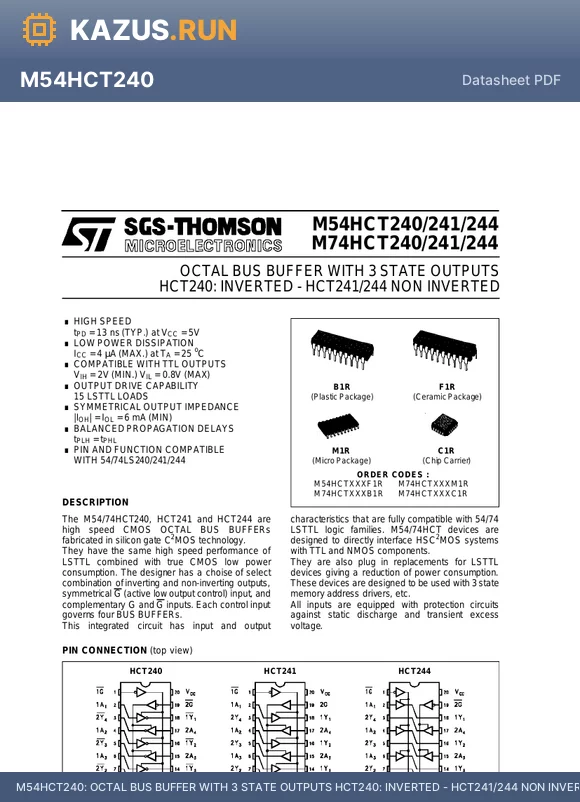 M74HCT240C1R datasheet - OCTAL BUS BUFFER WITH 3 STATE OUTPUTS HCT240: INVERTED - HCT241/244 NON INVERTED