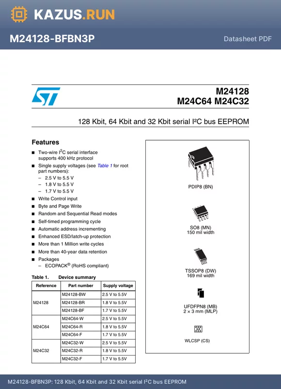 M24C64WCS5P datasheet - 128 Kbit, 64 Kbit and 32 Kbit serial IbC bus EEPROM