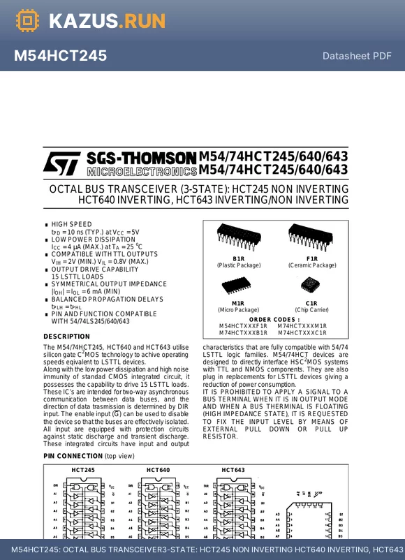 M74HCT643 datasheet - OCTAL BUS TRANSCEIVER3-STATE: HCT245 NON INVERTING HCT640 INVERTING, HCT643 INVERTING/NON INVERTING