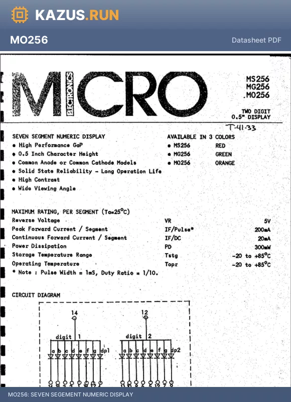 MS256 datasheet - SEVEN SEGEMENT NUMERIC DISPLAY