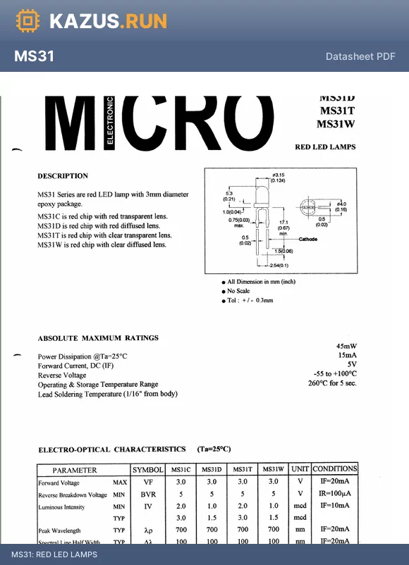 MS31 datasheet - RED LED LAMPS