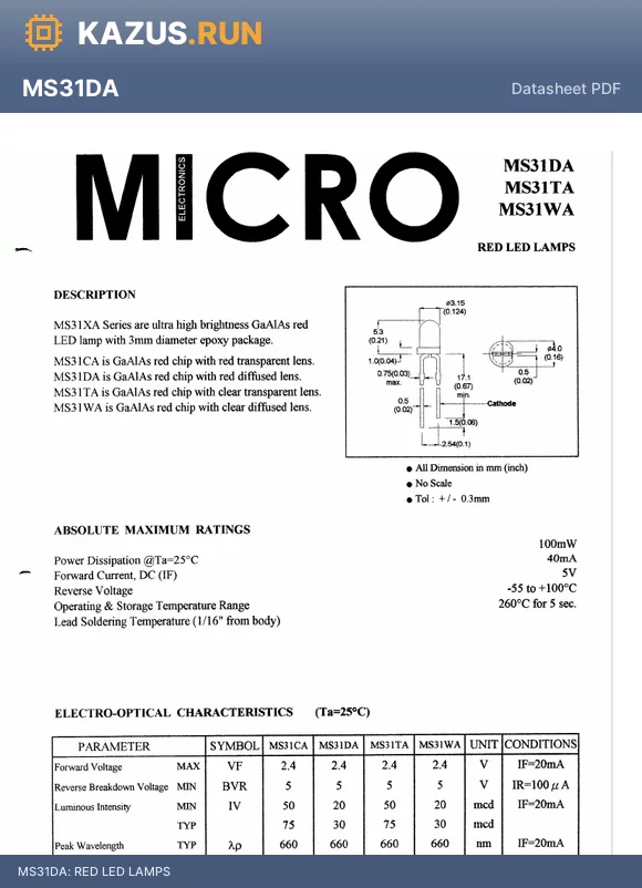 MS31DA datasheet - RED LED LAMPS
