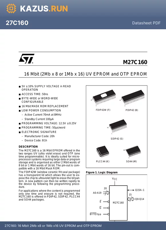 M27C160-90XM6 datasheet - 16 Mbit 2Mb x8 or 1Mb x16 UV EPROM and OTP EPROM