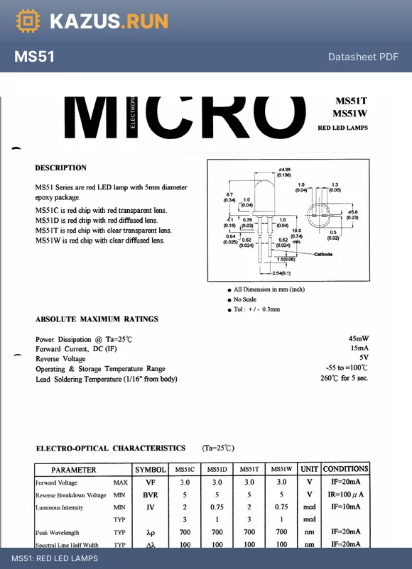 MS51 datasheet - RED LED LAMPS