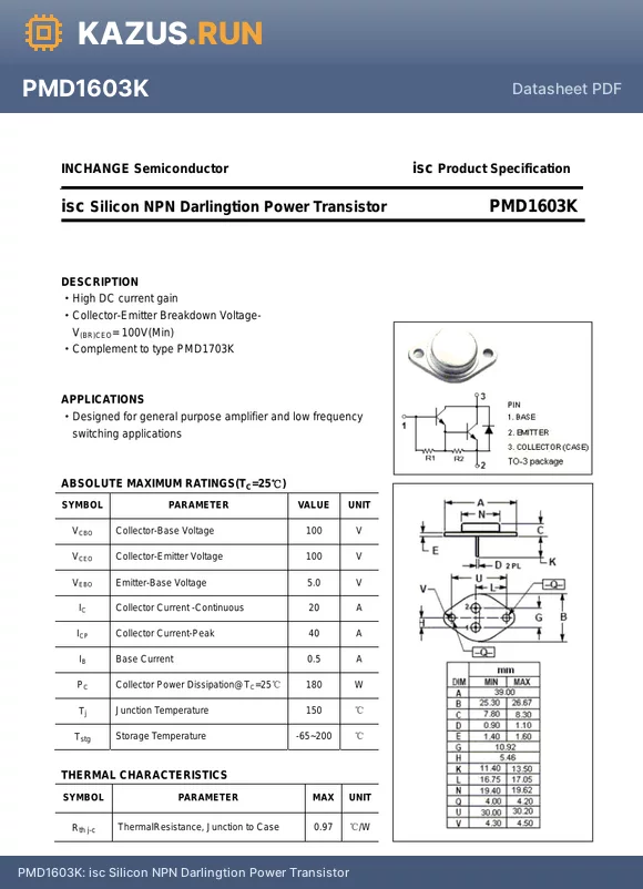 PMD1603K datasheet - isc Silicon NPN Darlingtion Power Transistor