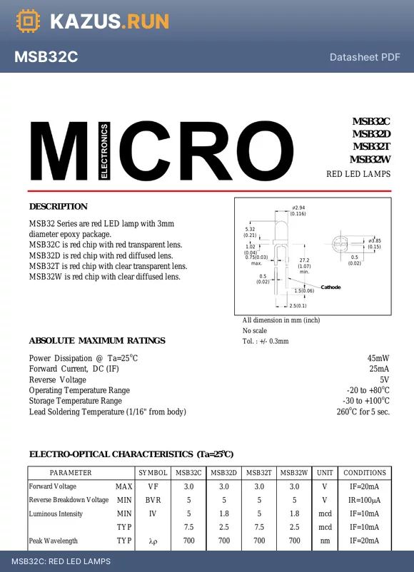MSB32C datasheet - RED LED LAMPS