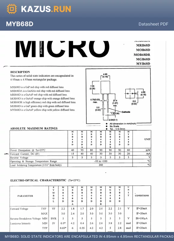 MSB68DA datasheet - SOLID STATE INDICATORS ARE ENCAPSULATED IN 4.95mm x 4.95mm RECTANGULAR PACKAGE