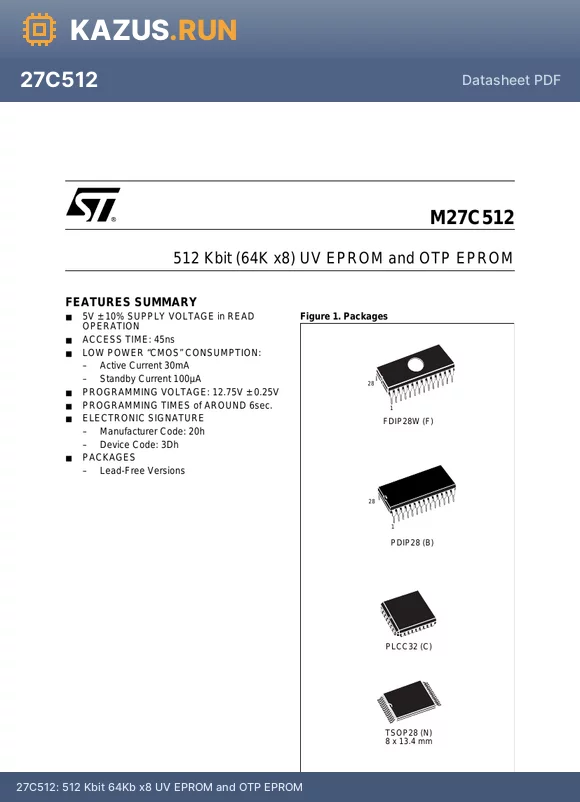 M27C512-10C1F datasheet - 512 Kbit 64Kb x8 UV EPROM and OTP EPROM