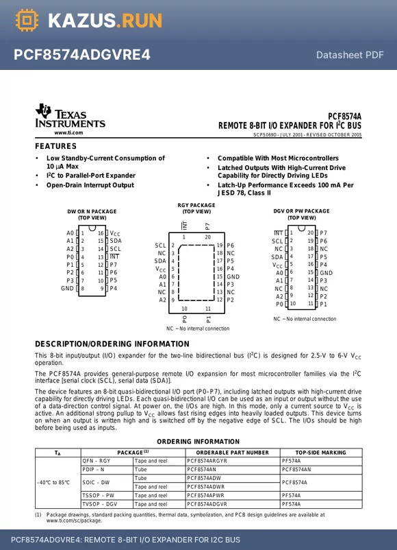 PCF8574APWG4 datasheet - REMOTE 8-BIT I/O EXPANDER FOR I2C BUS