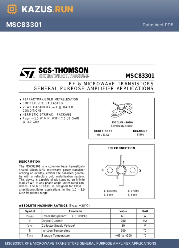 MSC83301 datasheet - RF & MICROWAVE TRANSISTORS GENERAL PURPOSE AMPLIFIER APPLICATIONS