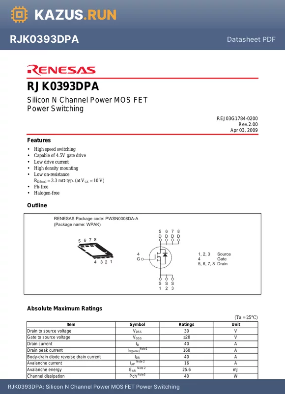 RJK0393DPA datasheet - Silicon N Channel Power MOS FET Power Switching