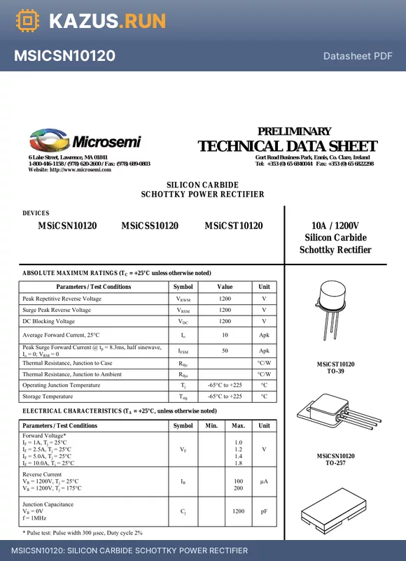 MSiCSS10120 datasheet - SILICON CARBIDE SCHOTTKY POWER RECTIFIER