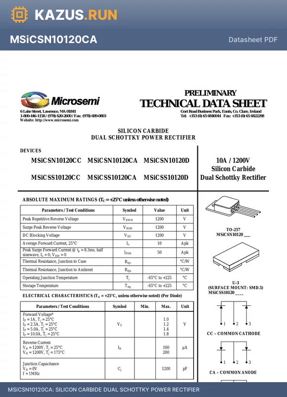 MSiCSS10120D datasheet - SILICON CARBIDE DUAL SCHOTTKY POWER RECTIFIER