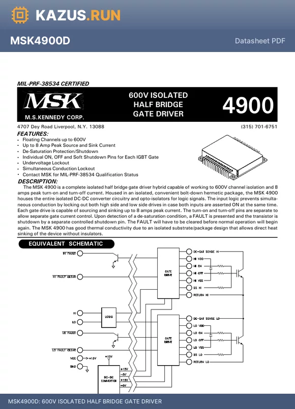 MSK4900S datasheet - 600V ISOLATED HALF BRIDGE GATE DRIVER
