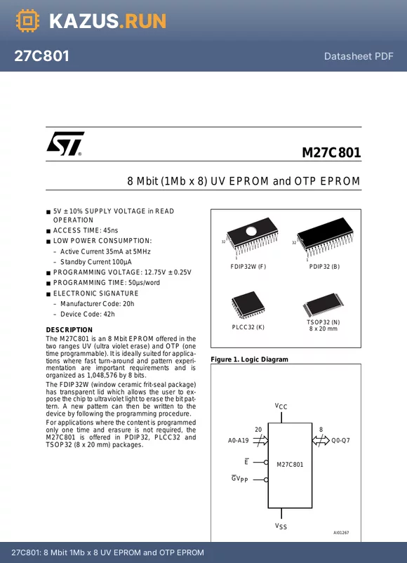 M27C801 datasheet - 8 Mbit 1Mb x 8 UV EPROM and OTP EPROM