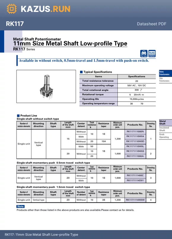 RK1171114W0W datasheet - 11mm Size Metal Shaft Low-profile Type