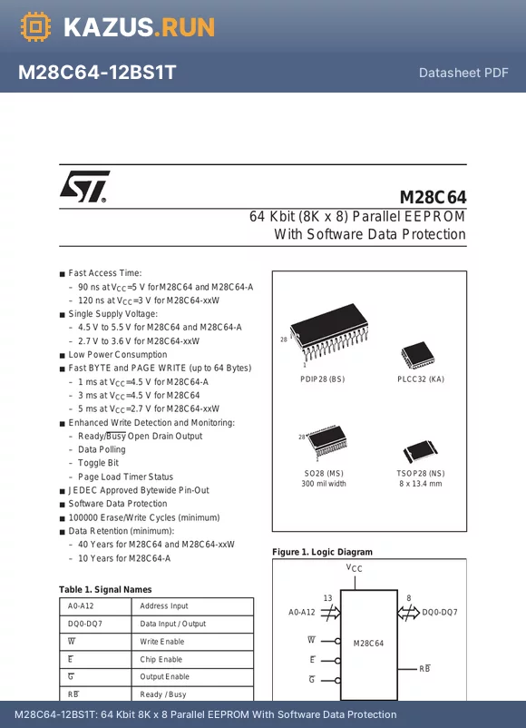 M28C64-A25WMS1T datasheet - 64 Kbit 8K x 8 Parallel EEPROM With Software Data Protection