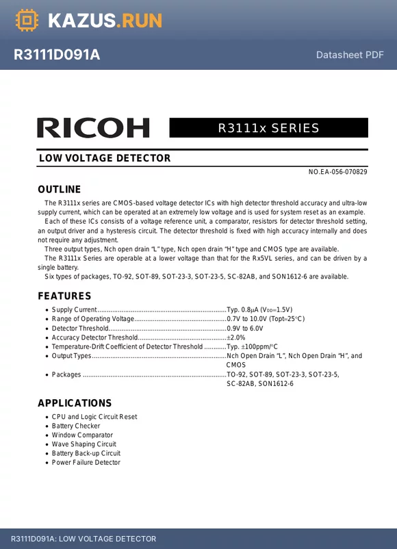 R3111Q561A datasheet - LOW VOLTAGE DETECTOR