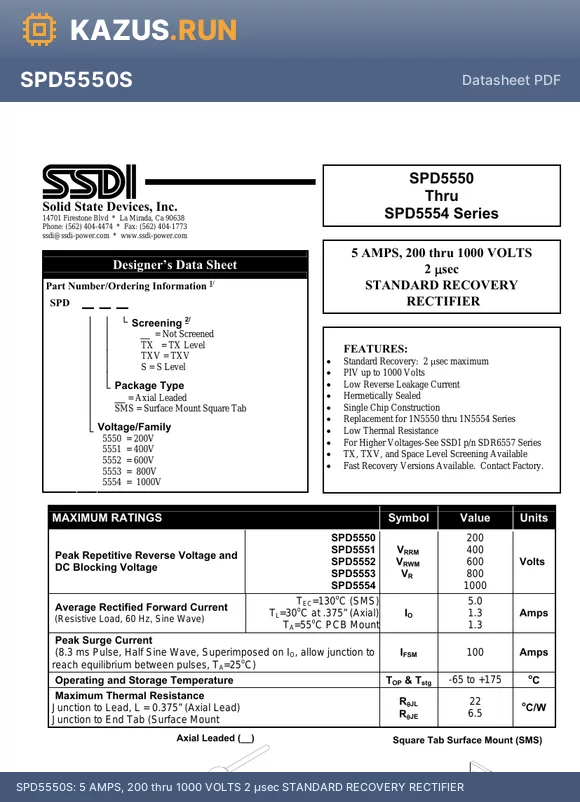 SPD5553S datasheet - 5 AMPS, 200 thru 1000 VOLTS 2 lsec STANDARD RECOVERY RECTIFIER