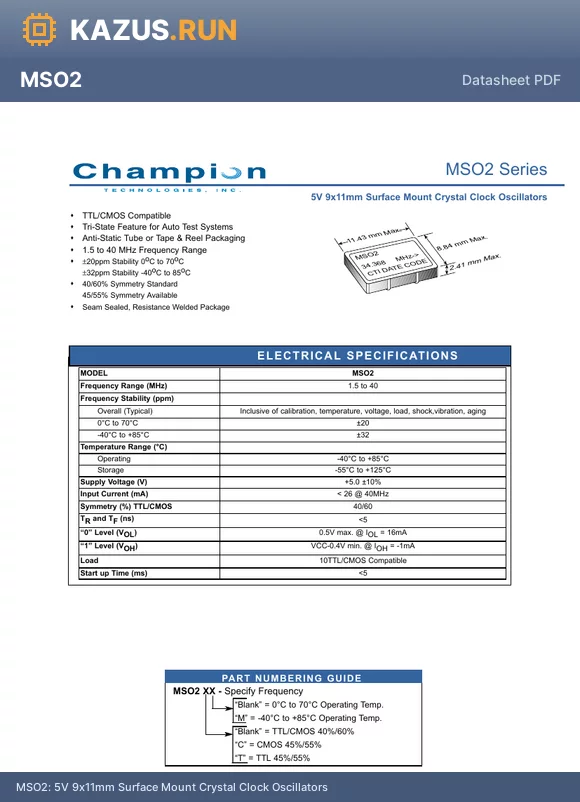 MSO2CM datasheet - 5V 9x11mm Surface Mount Crystal Clock Oscillators