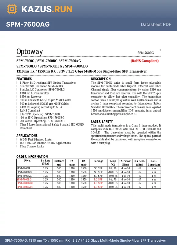 SPM-7600AG datasheet - 1310 nm TX / 1550 nm RX , 3.3V / 1.25 Gbps Multi-Mode Single-Fiber SFP Transceiver