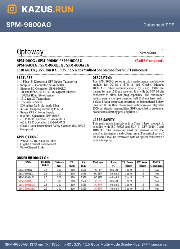 SPM-9600AG datasheet - 1310 nm TX / 1550 nm RX , 3.3V / 2.5 Gbps Multi-Mode Single-Fiber SFP Transceiver