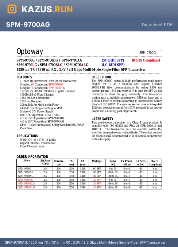 SPM-9700AG datasheet - 1550 nm TX / 1310 nm RX , 3.3V / 2.5 Gbps Multi-Mode Single-Fiber SFP Transceiver